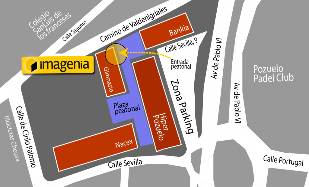 Plano de acceso a Imagenia Estudio desde Camino de Valdenigriales y calle Sevilla